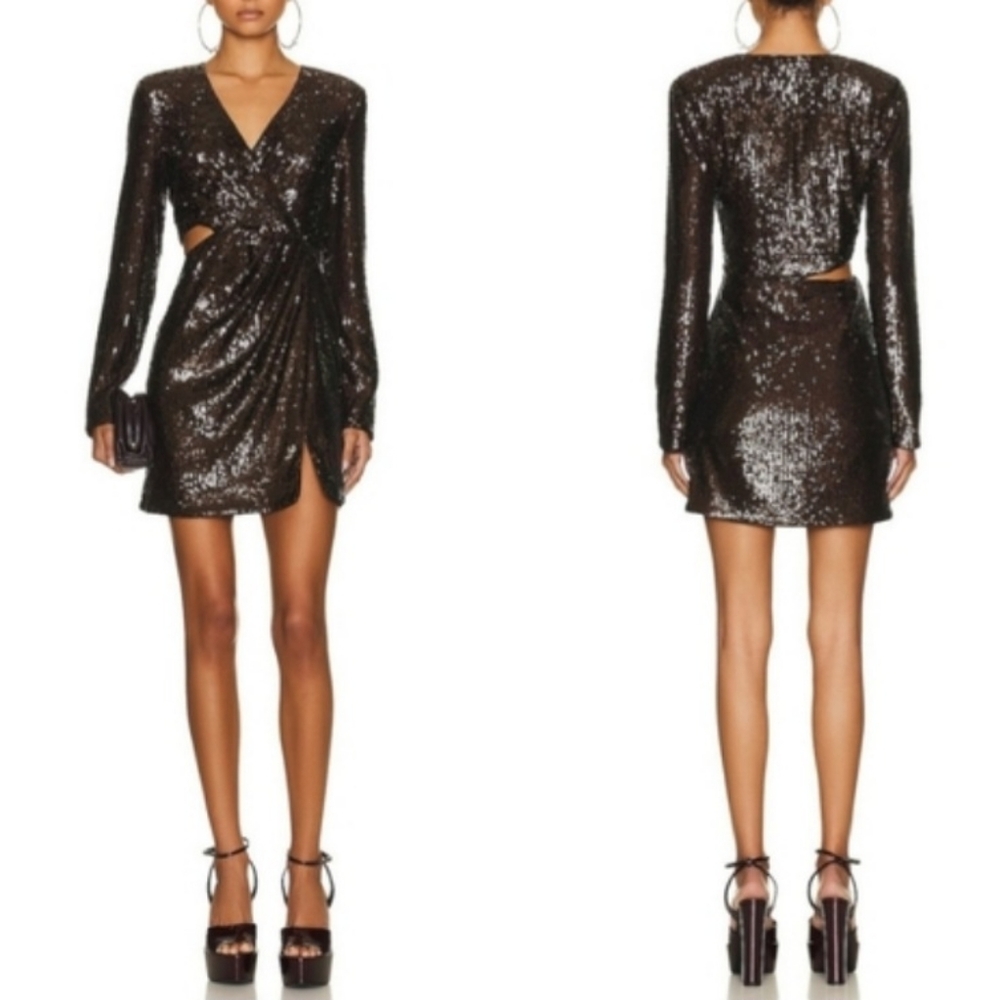 Jonathan Simkhai Size 2 Conrad Brown Sequin V-Neck Ruched Cut Out Mini Dress NWT